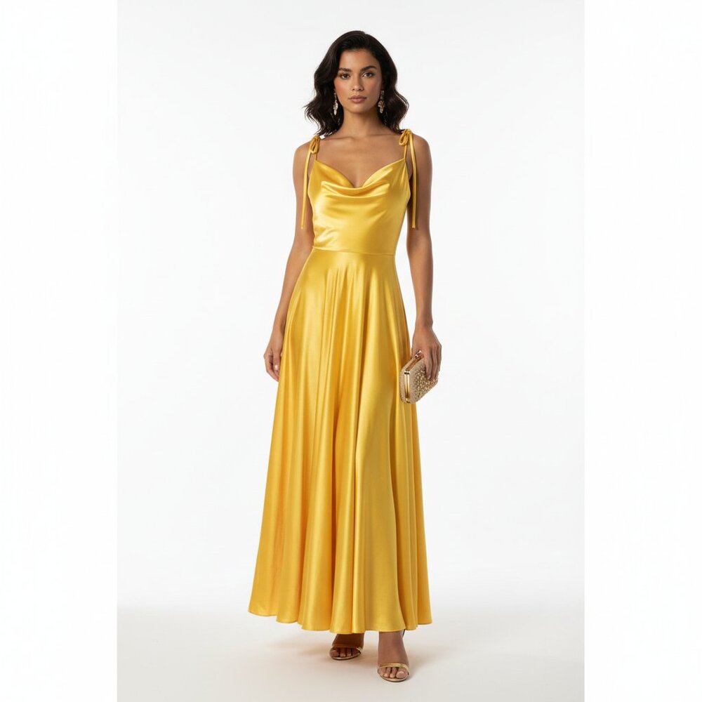 Cinderella Divine Prom Gown Maxi Dress XS Yellow Satin Cowl Neck Tie Shoulder